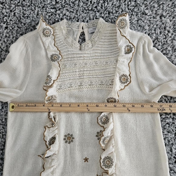 Zara Beige Boho Blouse XS Long Sleeves Ruffled Embroidered Romantic Top - Picture 12 of 16